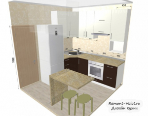 Проект угловой кухни 5,7 кв. с холодильником и микроволновкой