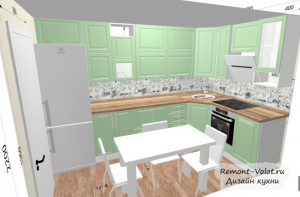 Проект светло-зеленой кухни 6 кв м с холодильником и обеденной зоной