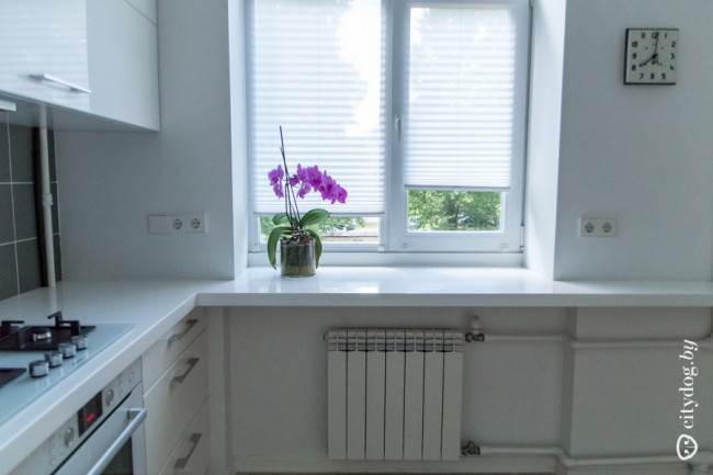 Белые шторы-плиссе в современном интерьере кухни на 6 кв. м