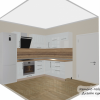 Дизайн-проект белой кухни 8,4 кв м с холодильником. Фартук и столешница под дерево