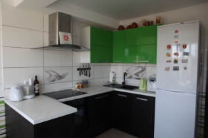 Черно-зеленая кухня 12 кв.м с эркером (9 фото)