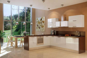 Угловая кухня Zetta молочного цвета с подсветкой и барной стойкой