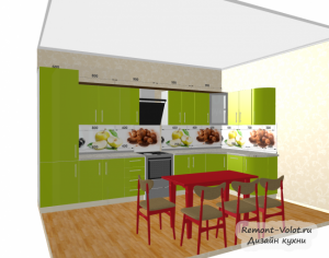 Проект зеленой кухни 12,2 кв м с холодильником. Скинали с фруктами