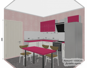 Проект розовой кухни 7,5 кв м с холодильником и обеденной зоной