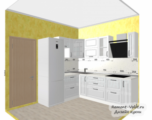 Дизайн-проект белой кухни 7 кв м с холодильником. Стиль классика