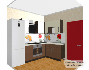 Дизайн-проект кухни 6 кв м с холодильником. Цвет бежевый с венге