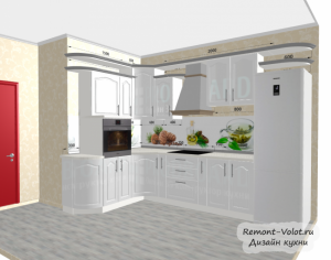 Проект белой кухни 12 кв м с холодильником. Классика