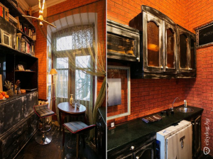 Дизайн черной кухни 7 кв.м в стиле лофт с настоящим люком в полу