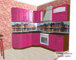 Проект розовой кухни 6,8 кв в классическом стиле со стенами под кирпич