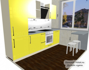 Проект желтой кухни 5,4 кв. со встроенными холодильником и ПММ