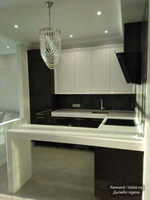 Дизайн большой П-образной кухни 18 кв. м с барной стойкой и встроенной техникой