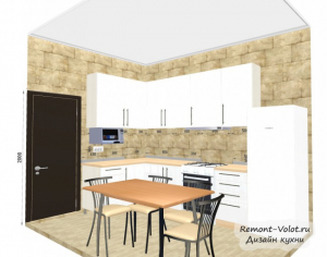 Проект белой угловой кухни 7,8 кв. м с холодильником и столом
