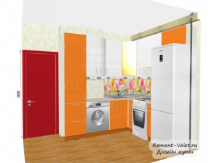 Проект оранжевой кухни 6,4 кв. м с холодильником и стиральной машиной