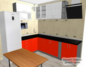 Проект угловой красной кухни 8 кв. м с холодильником и столом