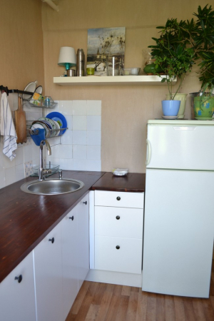 Маленькая белая кухня без верхних шкафов в кантри-стиле