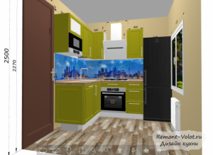 Проект угловой фисташковой кухни 5,5 кв м с холодильником и встроенной СВЧ