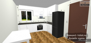 Проект угловой белой кухни 13 кв м с черной столешницей