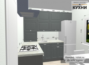 Проект угловой серой кухни 6 кв м с холодильников и обеденным столом