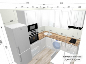 Проект белой кухни 6 кв м с холодильником, стиральной машиной и пеналом с духовкой и СВЧ