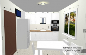 Проект угловой белой кухни 10 кв м с пеналом и ТВ над холодильником