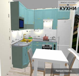 Проект угловой мятной кухни 5,6 кв м с холодильником и обеденной зоной