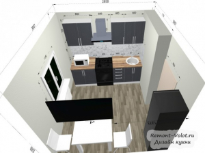 Проект прямой графитовой кухни 8,6 кв м с обеденной зоной, холодильником и ТВ