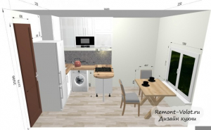 Проект угловой кухни 8 кв м с барной стойкой, обеденным столом и стиральной машиной