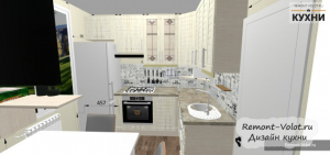 Проект угловой бежевой кухни 6 кв м со столом и телевизором