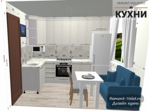 Проект угловой бежевой кухни 7 кв м с диваном и телевизором