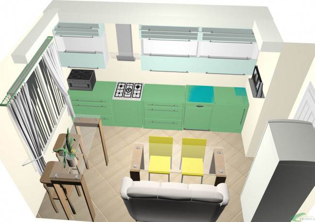 Зеленая линейная кухня 11,7 кв.м. в новой квартире (12 фото)