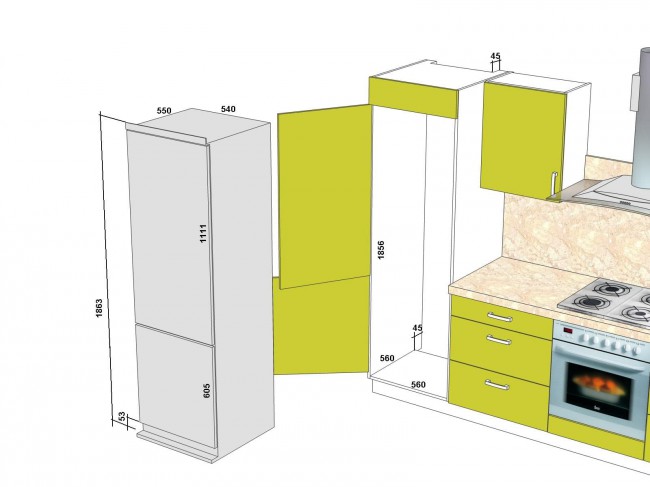 Встроенный холодильник — стандартные и маленькие размеры (15 фото)