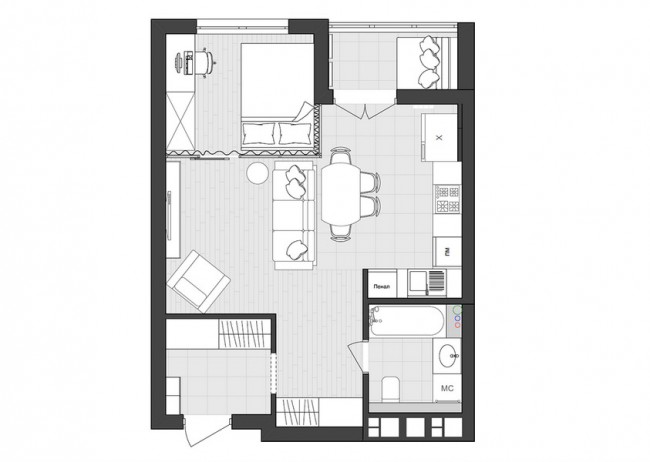 Дизайн кухонного помещения 14 кв. м с телевизором и диваном