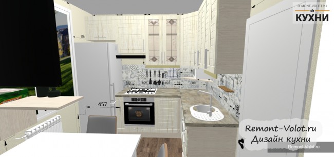 Проект бежевой кухни 6 кв м со столом и телевизором: для онлайн конструктора (10 фото)